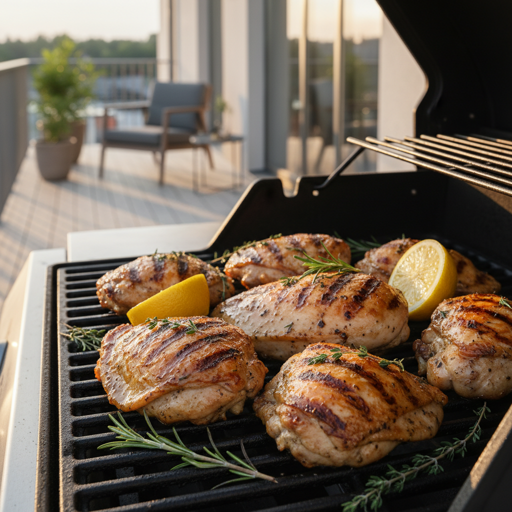 Grillet kylling med sprødt gyldent skind på gasgrill