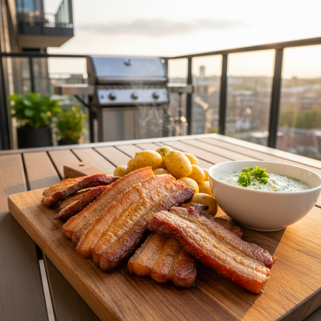 Sprødt grillet stegt flæsk med kartofler og persillesovs